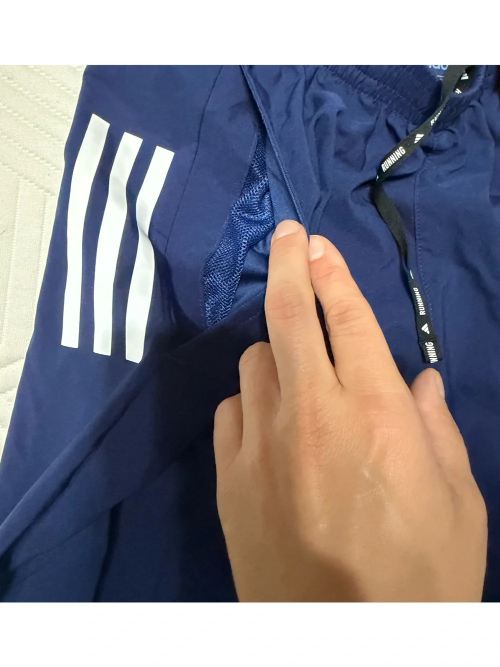 Adidas Men's Navy Athletic Running Shorts with White Stripes